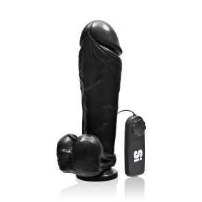 SI IGNITE Vibrating Thick Cock with Balls and Suction, 25 cm (10 in), Black